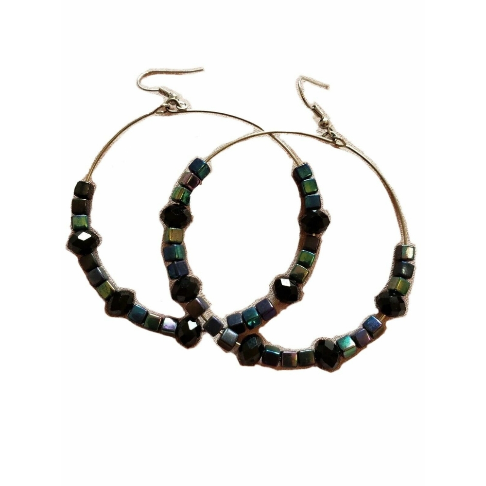 Silvertone Oilslick Dark Violet Blue Square Beads Wire Dangle Hoop Hook Earrings